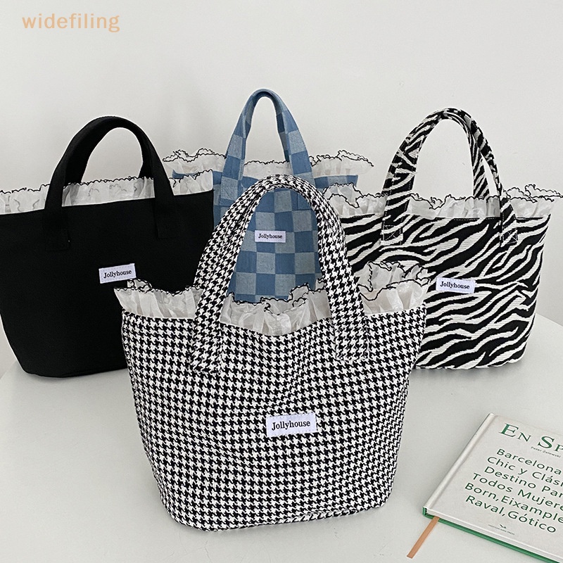 Widefiling Túi vải Màu Trơn Họa Tiết Ngựa Vằn Phối Ren Lá Sen Sức Chứa Lớn Sáng Tạo Đẹp Mắt Thời Trang Cho Nữ