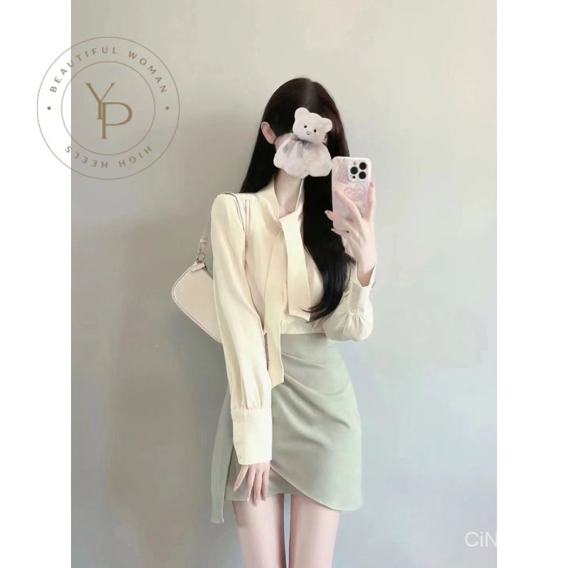 Bộ Áo Sơ Mi + Chân Váy Lưng Cao Phong Cách Pháp Thời Trang Mùa Xuân 2023 Mới Cho Nữ