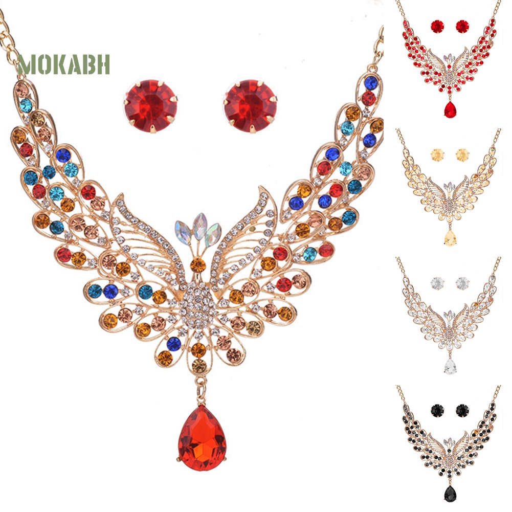 [Mok Abh] Bộ Vòng cổ + Bông Tai Hình Con Công Đính Kim Cương Giả Theo Phong Cách Retro