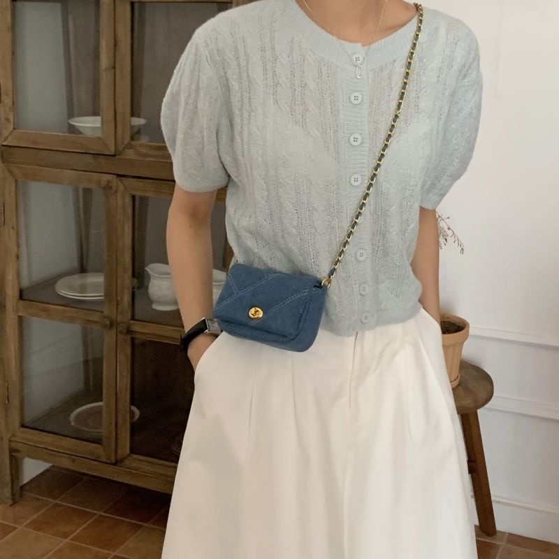 Túi Đeo Chéo Dáng Vuông Nhỏ Họa Tiết Kẻ Sọc Đính Đá Phối Dây Xích Thời Trang