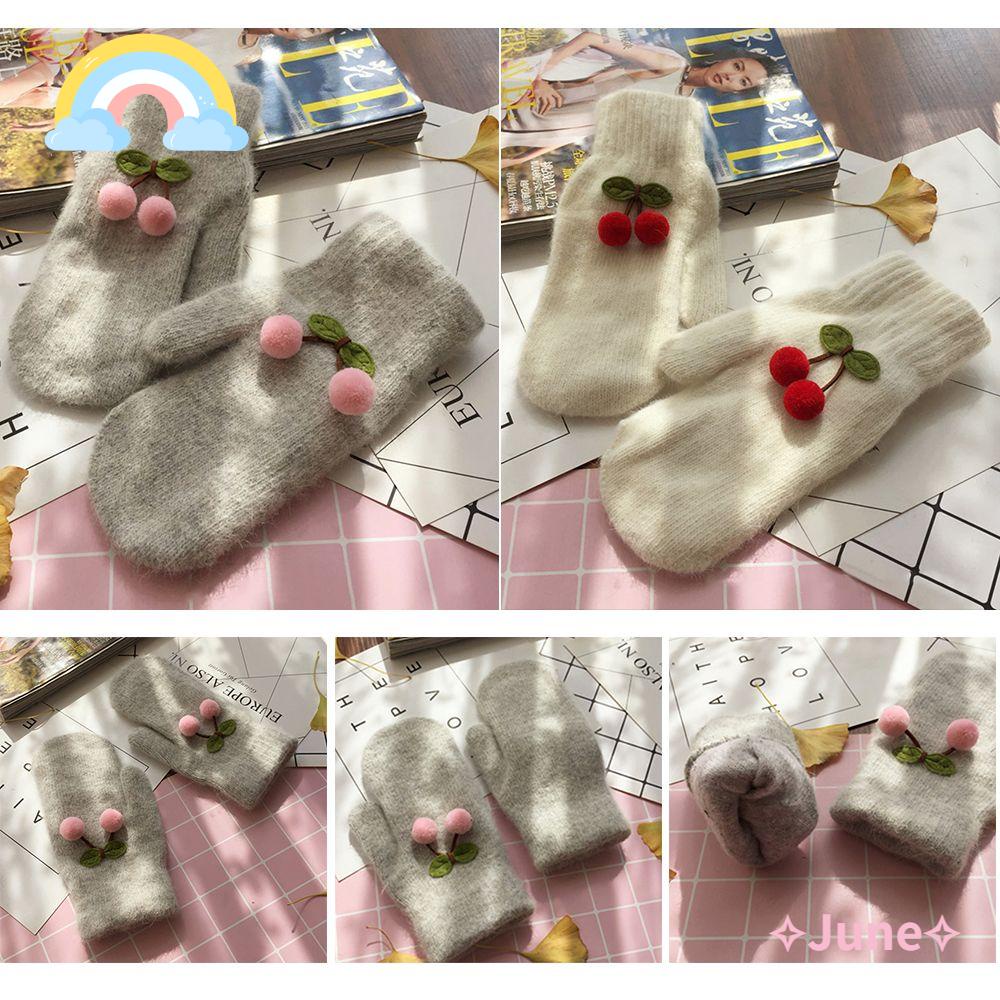 JUNE Găng Tay Lông Thỏ Giữ Ấm Chống Gió Dày Hai Lớp Toàn Diện