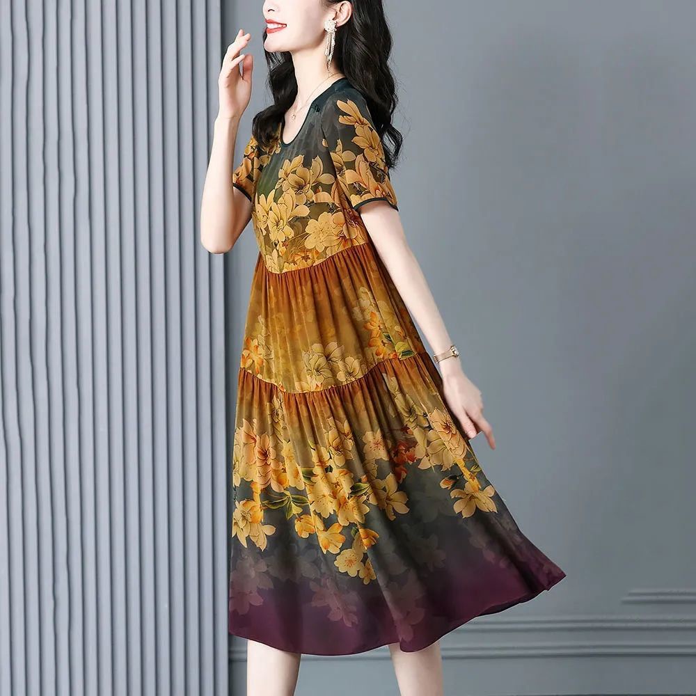 Đầm Xòe Ghép Vải Lụa Dáng Rộng In Họa Tiết Thổ Cẩm Kiểu Dân Tộc Cổ Điển Phong Cách Mới Mùa Hè 2022