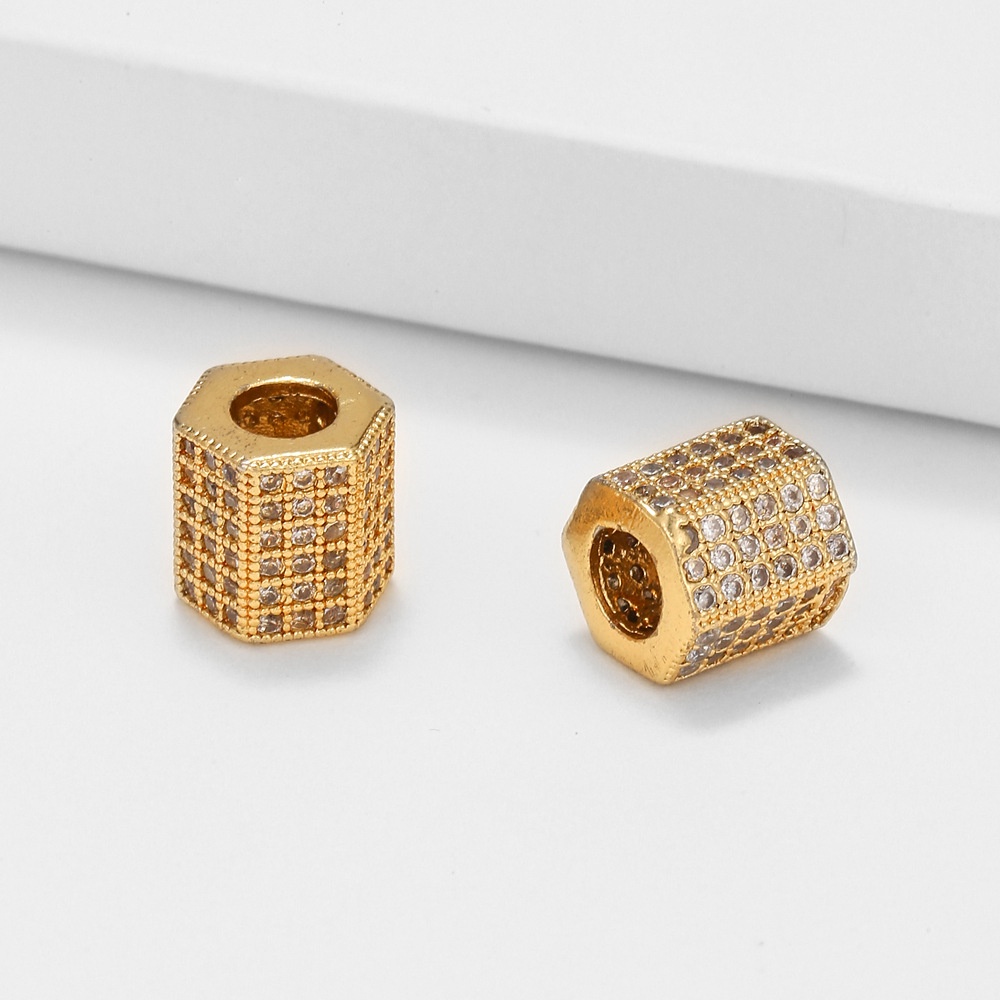 Hạt Đá Zircon Lục Giác Lỗ Lớn Mạ Vàng Dùng Làm Trang Sức Thủ Công Diy