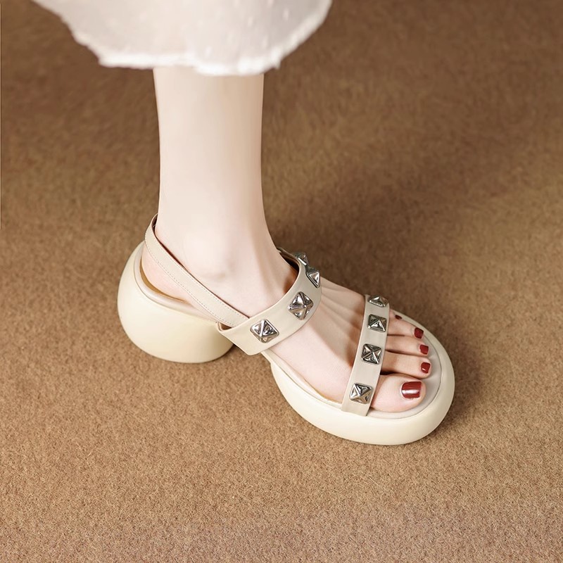 Duoya Tóc Thẳng ~ [Hàng Có Sẵn] Sandal Cao Gót Hở Ngón Bằng Da Thật Mềm Mại Chống Thấm Nước Đính Đinh Tán Thời Trang Mùa Hè Giản Dị Miễn Phí Vậ