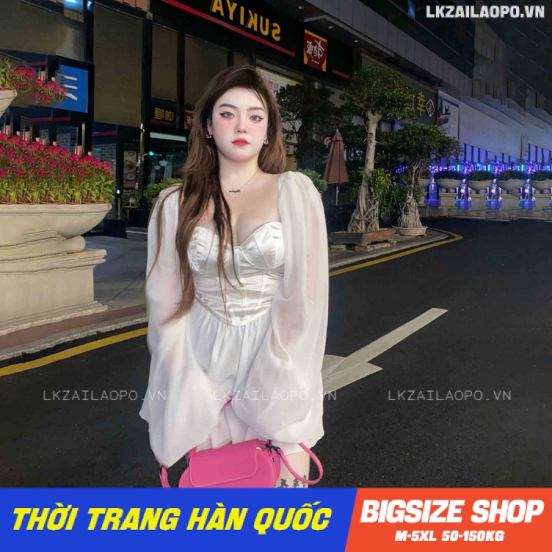 Váy đầm nữ Bigsize Đầm dự tiệc sang trọng dáng ôm tay dài cổ vuông trắng mùa xuân Phong cách Hàn Quốc Thời Trang đẹp