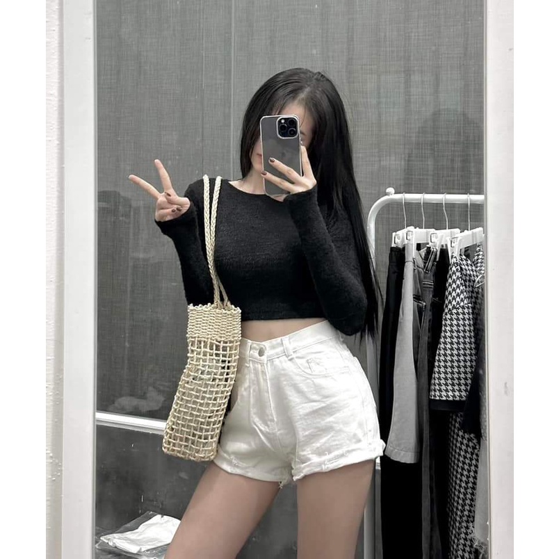 Áo Croptop Tay Dài Ôm Body Cổ Tròn Và Cổ Vuông Chất Liệu Lông Mềm Quyến Rũ - Ao089 Sake.fashion