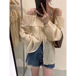 Áo sơ mi trễ vai bèo khuy xẻ trước sm-3722