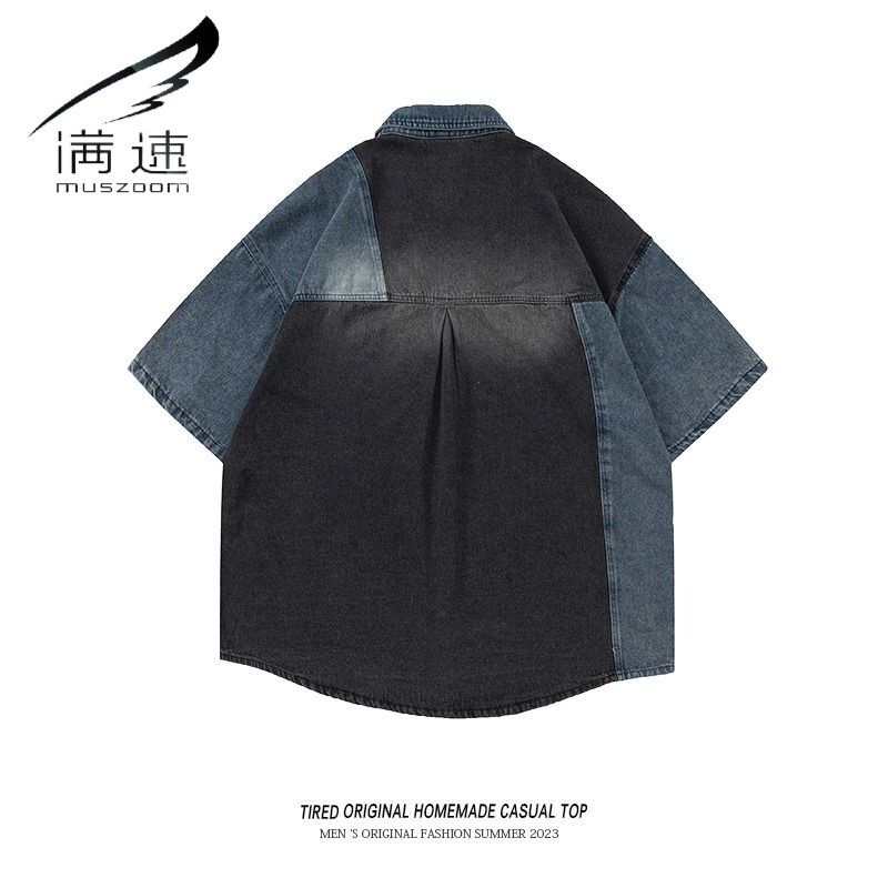 Áo Sơ Mi Denim Tay Ngắn Dáng Rộng Phối Màu Sắc Tương Phản Phong Cách Retro Dành Cho Cặp Đôi