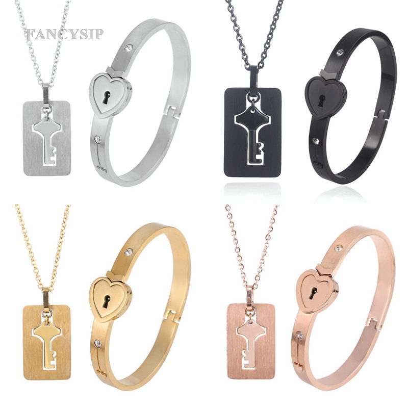 Set 2 Vòng Tay / Vòng cổ Mặt Ổ Khóa Trái Tim Bằng Thép Không Gỉ Thời Trang Cho Cặp Đôi