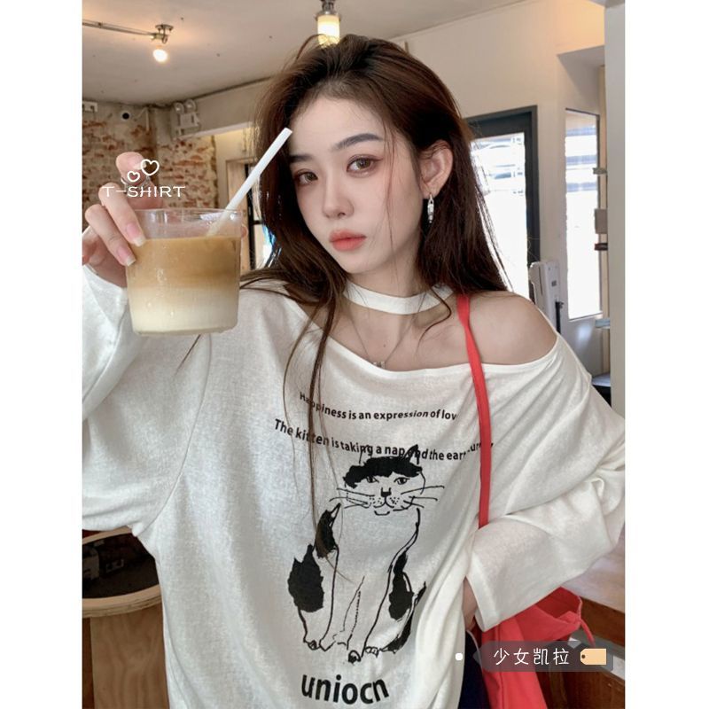 Áo Thun Tay Dài Dáng Rộng Trễ Vai In Họa Tiết Thời Trang Mùa Hè Mới Trẻ Trung Cho Nữ