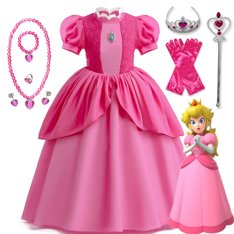 WFRV Peach Princess Dress For Girl Halloween Cosplay Costume Children Stage Performance Clothes Sleeping Beauty Aurora Princess Dress Kids Birthday Carnival Party Outfits