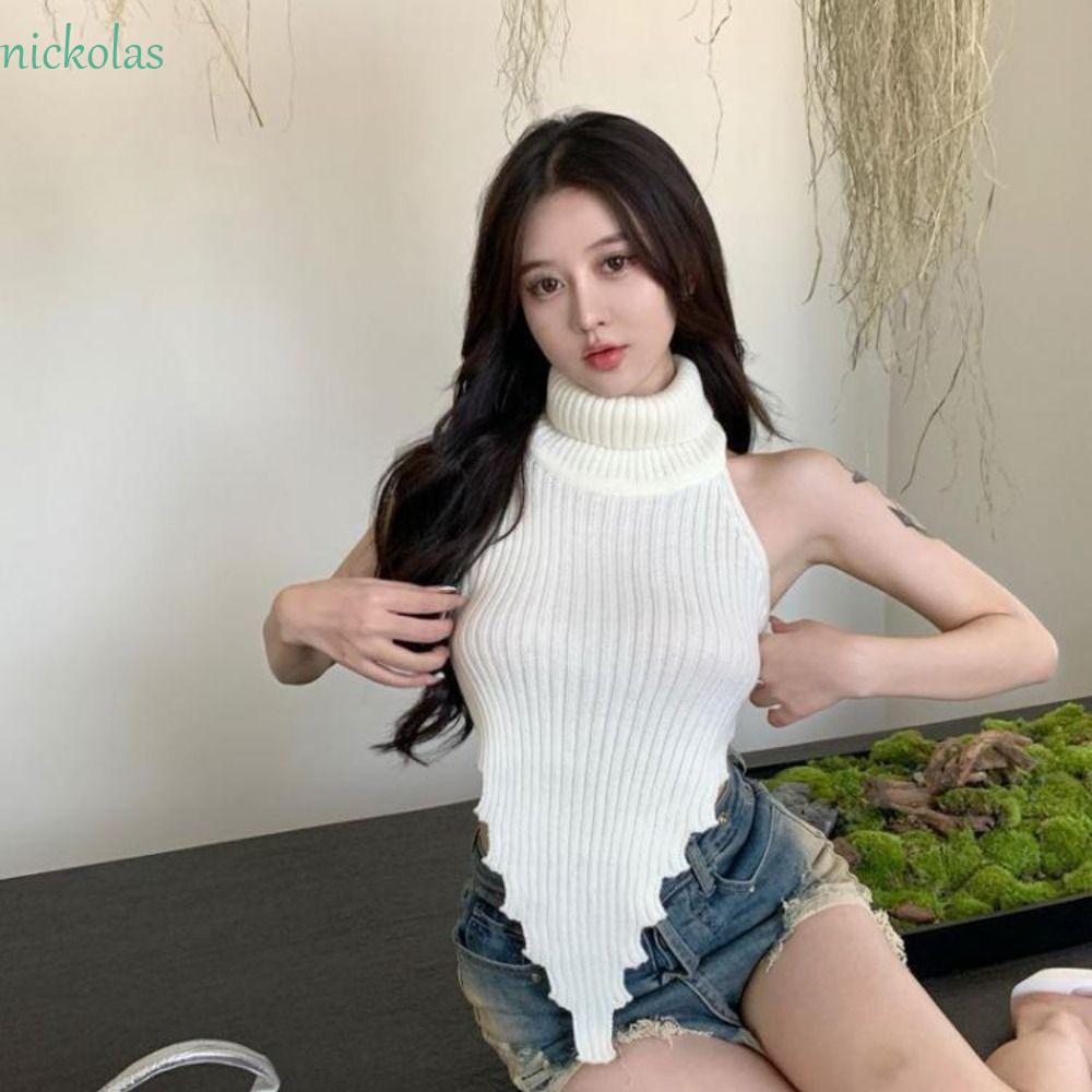 NICKOLAS Áo Dệt Kim Sát Nách Cổ Cao Chất Liệu Cotton Co Giãn Thời Trang Mùa Hè Cho Phái Nữ