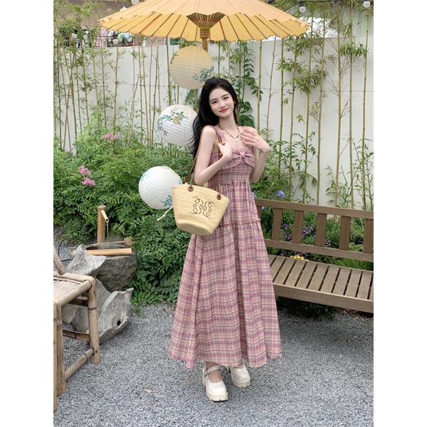 Đầm Midi Dáng Ôm Họa Tiết Kẻ Sọc Đính Nơ Phong Cách Pháp Thời Trang Mùa Hè Xinh Xắn Cho Nữ