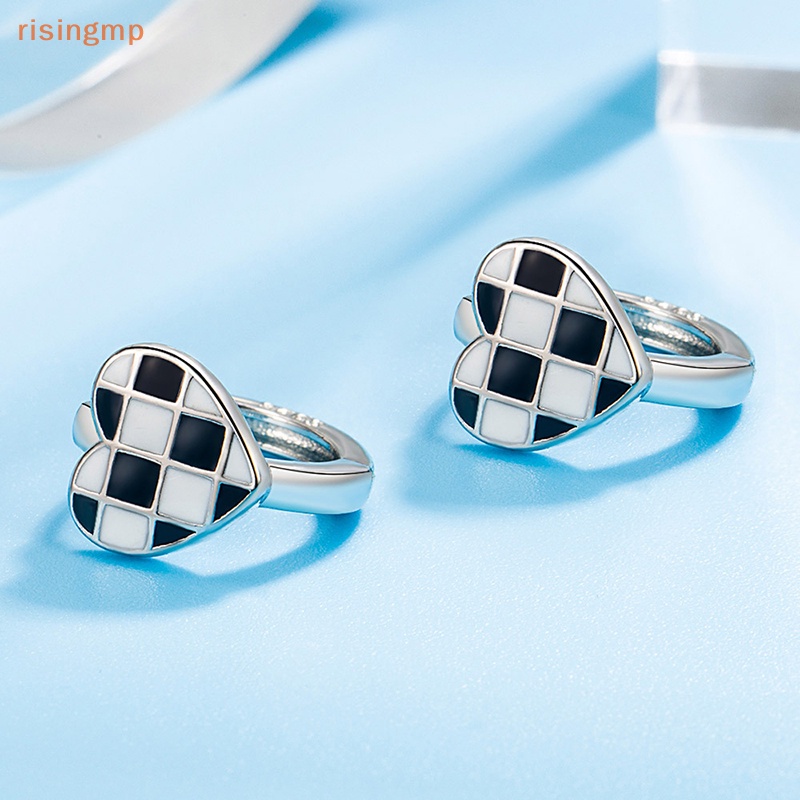 1 Đôi Bông Tai Bạc Hình Trái Tim Họa Tiết Sọc Caro Trắng Đen Sáng Tạo Thời Trang Cho Nữ