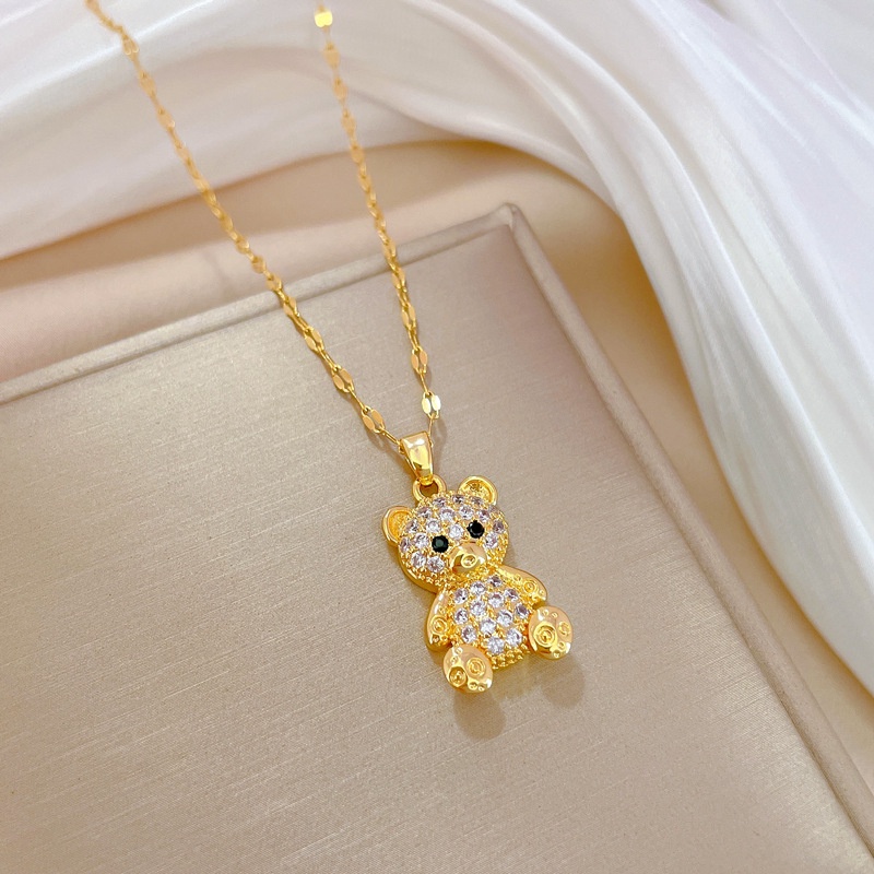 Dây Chuyền Thép Titan Nhẹ Hình Gấu Đính Kim Cương Dễ Thương Đẹp Mắt