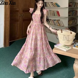 ZhuXia Đầm Hai Dây Mùa Hè Ôm Eo In Họa Tiết Hoa Có Cánh Tay Xòe Phong Cách Pháp Cho Nữ
