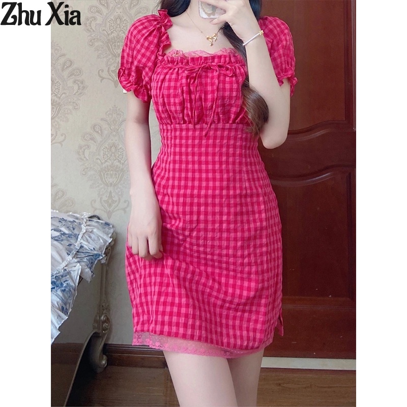 Đầm ngắn ZHUXIA dáng chữ A cổ vuông ngọt ngào quyến rũ cho nữ