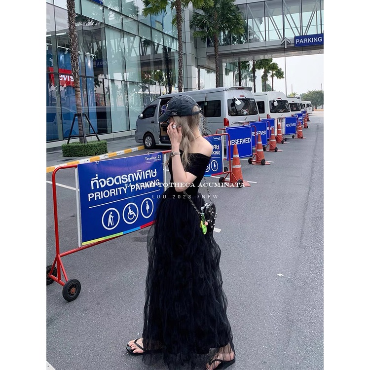 Đầm maxi đen trễ vai phối voan lưới 💖 KÈM ẢNH THẬT