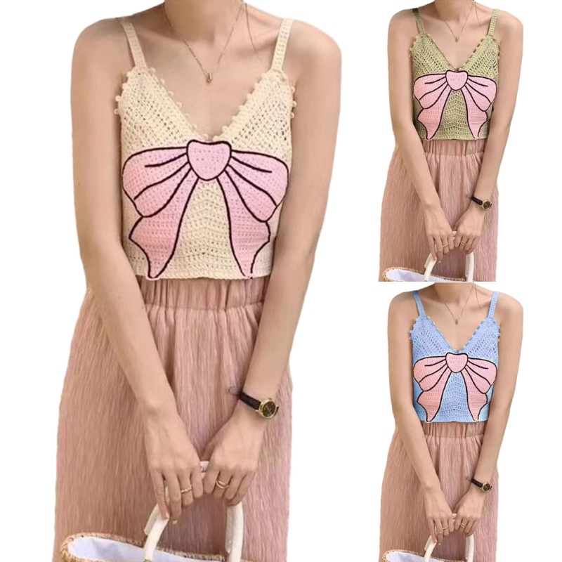 Áo Croptop Dệt Kim Hai Dây Không Tay Cổ Chữ V Thắt Nơ Gợi Cảm Cho Nữ