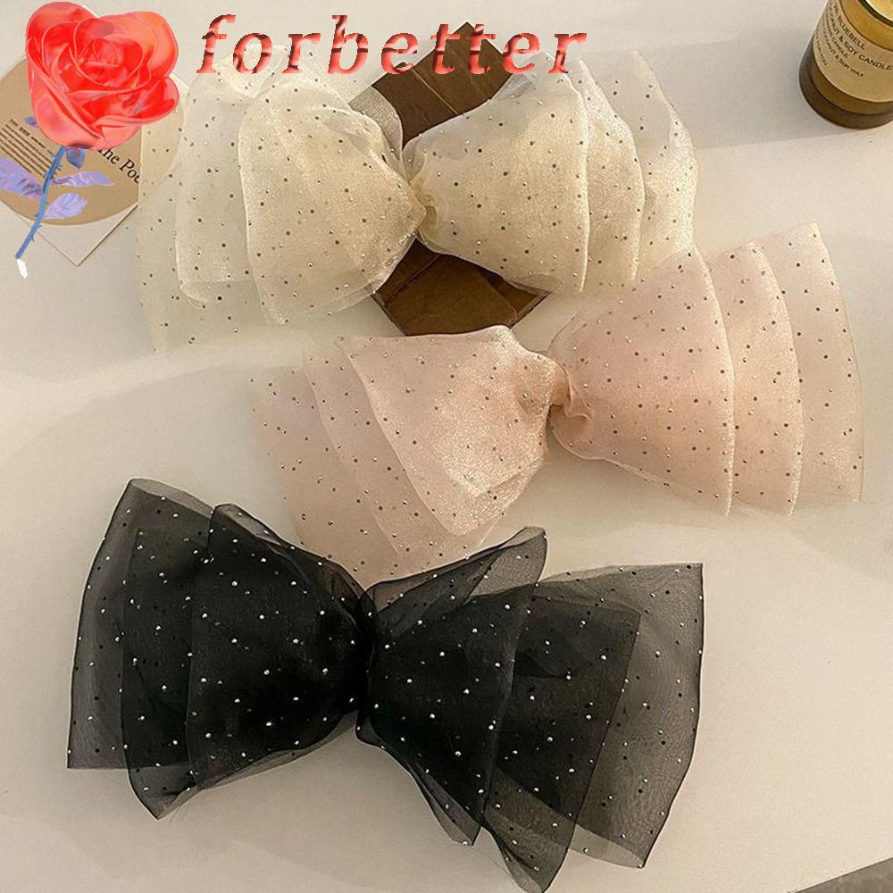 FORBETTER Kẹp Tóc Nơ Lưới Chấm Bi Đính Đá Thời Trang