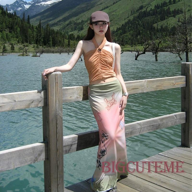 Chân Váy Dài Co Giãn In Họa Tiết Cún Màu Hồng Gradient Thời Trang Mùa Hè Dành Cho Nữ