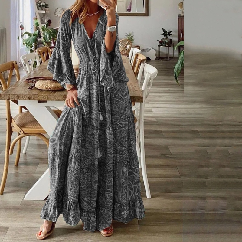 Đầm Dài Maxi Cổ Chữ V Tay Loe In Họa Tiết Hoa Thời Trang Mùa Hè Xinh Xắn Cho Nữ