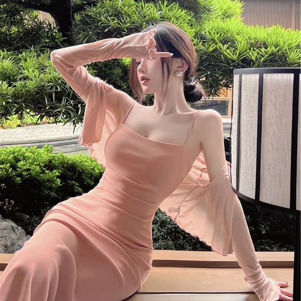 COZOK Bộ Đầm Màu Trơn + Áo Khoác cardigan Tay Dài Thời Trang Quyến Rũ Cho Nữ