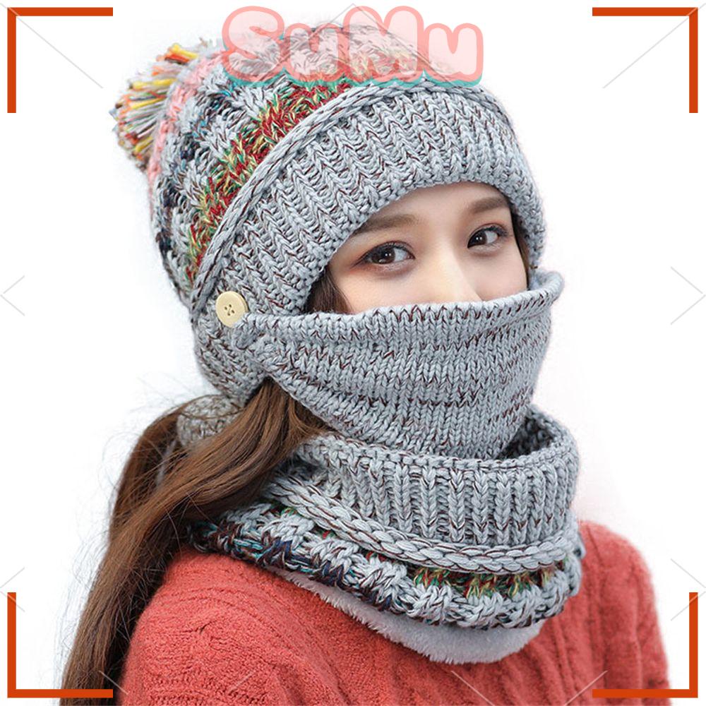SUMU Set Mũ beanie Kèm Khăn Choàng Cổ Giữ Ấm Mùa Đông Cho Nữ