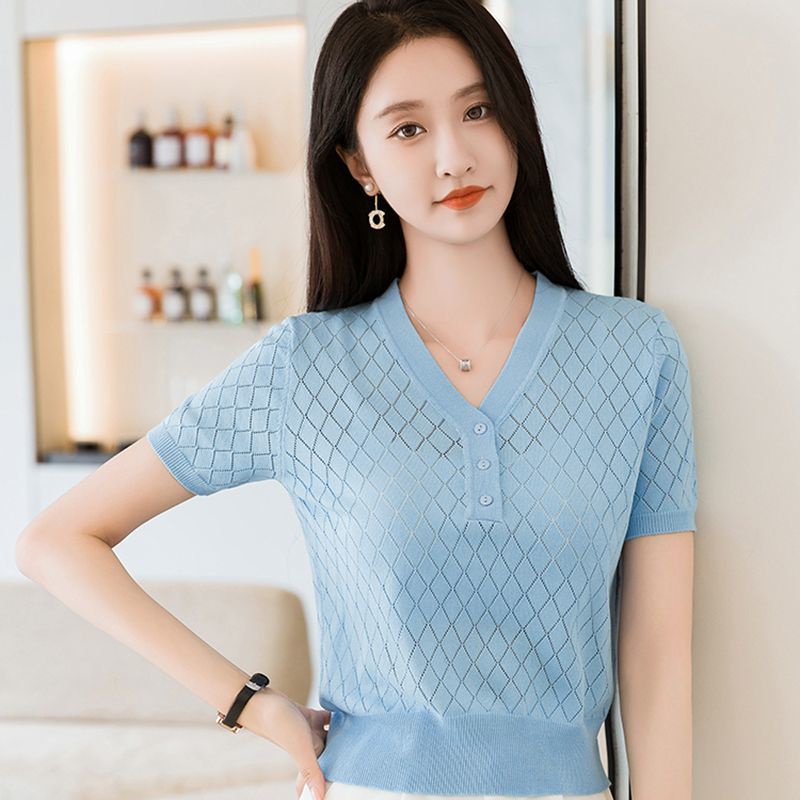 Áo Dệt Kim Tay Ngắn Cổ Chữ V Thiết Kế Khoét Lỗ Thời Trang Mùa Hè