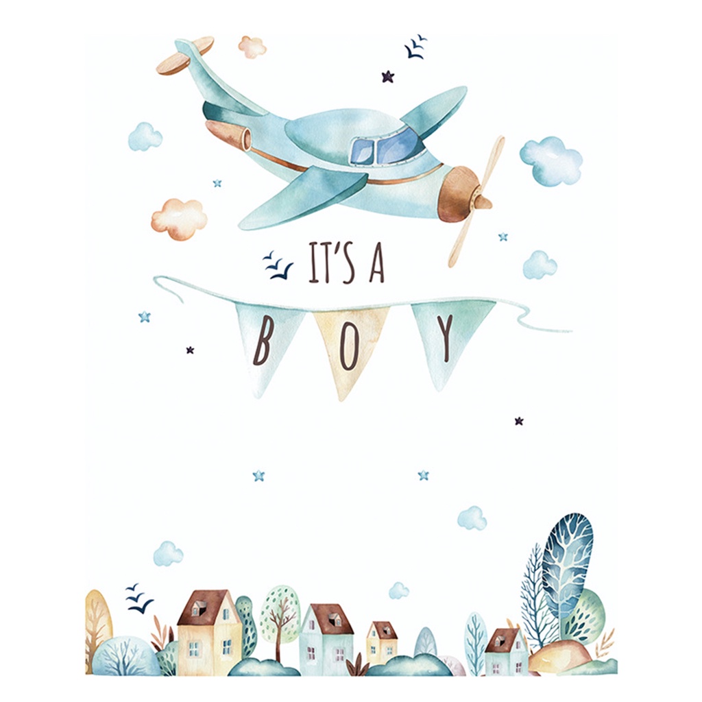 (Bất Ngờ) Hình Dán Tường Máy Bay Màu Nước Hoạt Hình Cổ Tích Có Thể Tháo Rời Trang