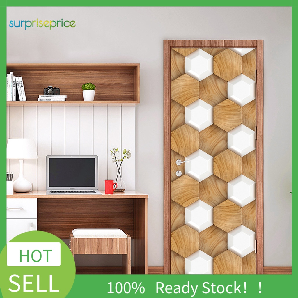 Set 2 Miếng Dán Tường / Cửa Họa Tiết Hình Học 3D Bằng PVC Chống Thấm Nước Trang Trí Phòng Khách