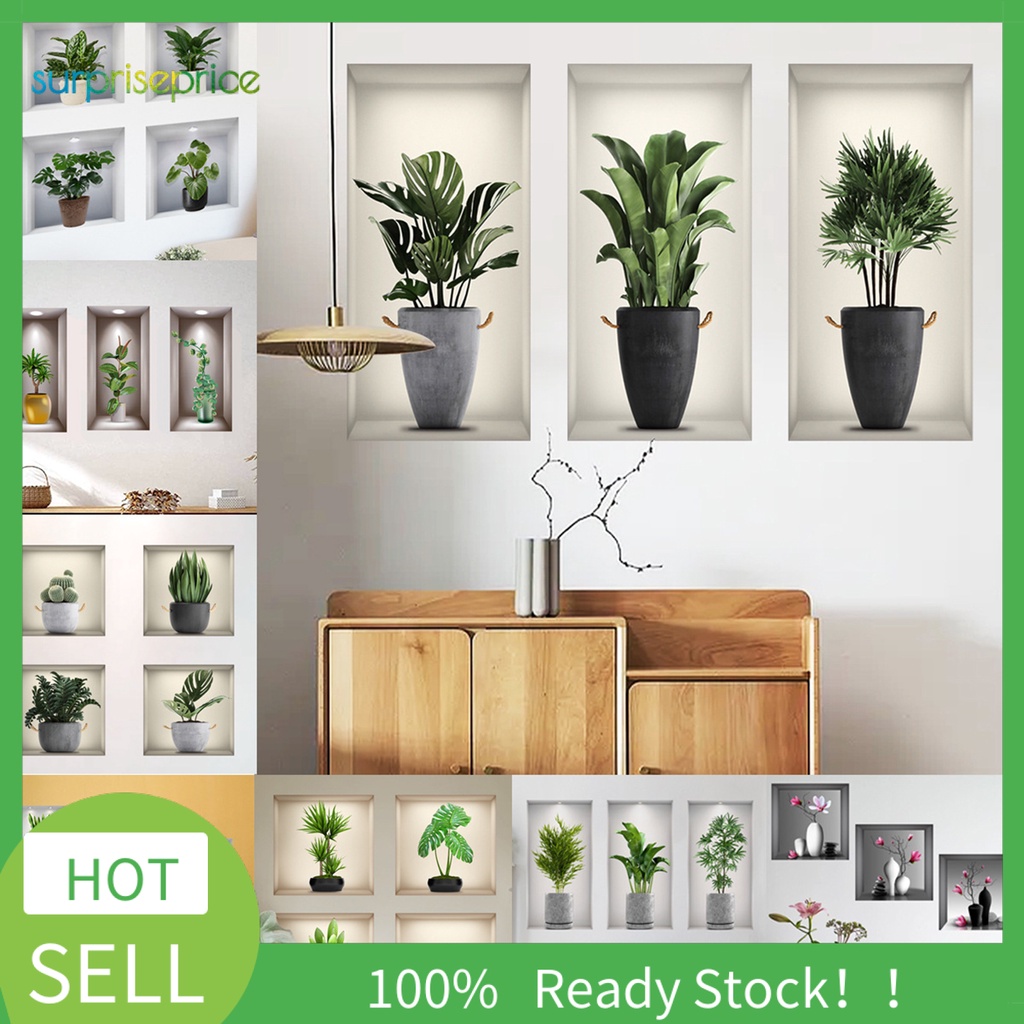 Set 3 Miếng Dán Tường Trang Trí Bằng PVC Tự Dính Hình Chậu Cây Xanh Tháo Rời Được