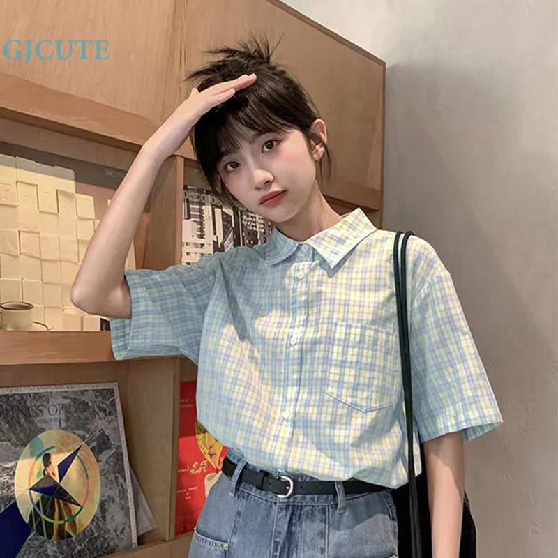 Áo Sơ Mi Ngắn Tay Họa Tiết Caro Ngọt Ngào Thời Trang Mùa Hè Cho Nữ