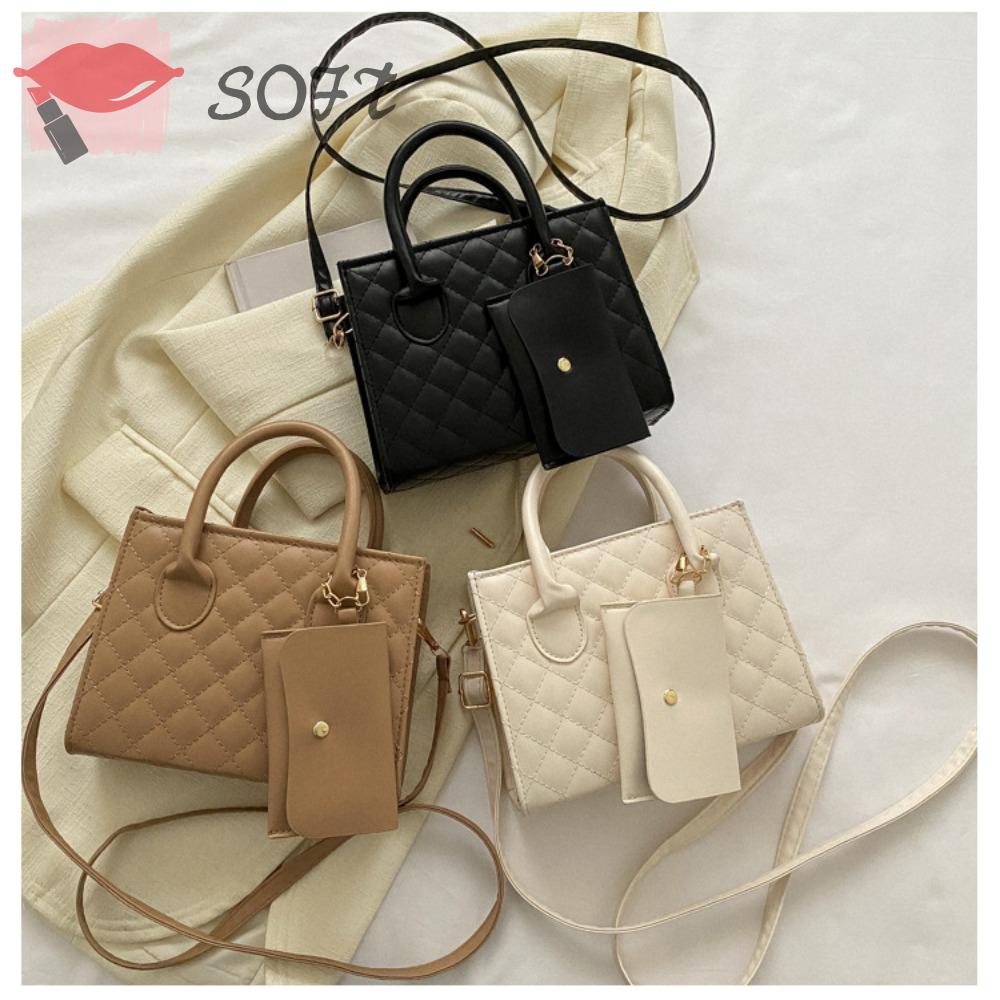 SOFTNESS Túi Đeo Chéo Da PU Màu Trơn Họa Tiết Kẻ Sọc Đơn Giản Có Khóa Kéo Cho Nữ