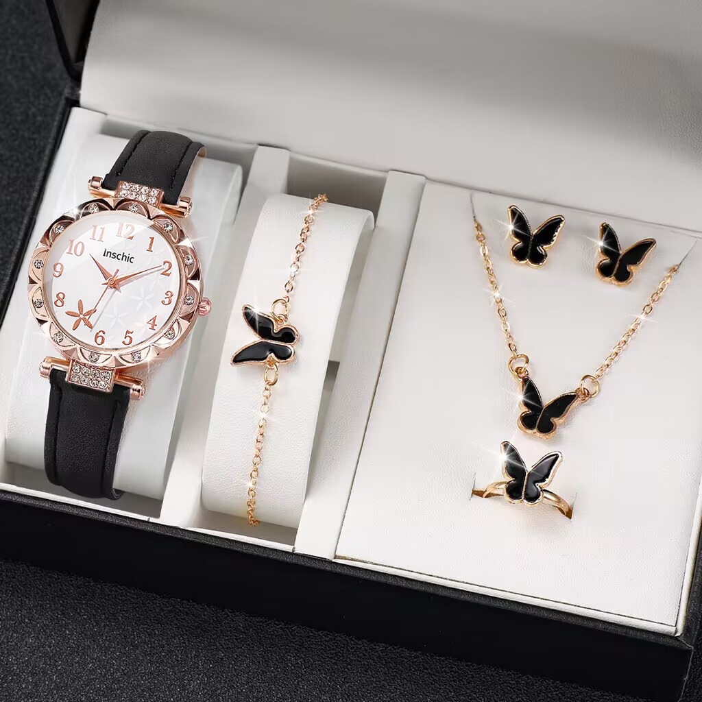 Đồng hồ đeo tay nữ hoa thời trang Dây da thông thường Đồng hồ thạch anh Bộ quà tặng trang sức | BigBuy360 - bigbuy360.vn