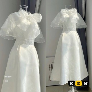 Váy Dáng Dài Nơ Cổ Tay Voan Màu Trắng, Đầm Dự Tiệc Màu Trắng Tiểu Thư BY JOLIE lan..shop