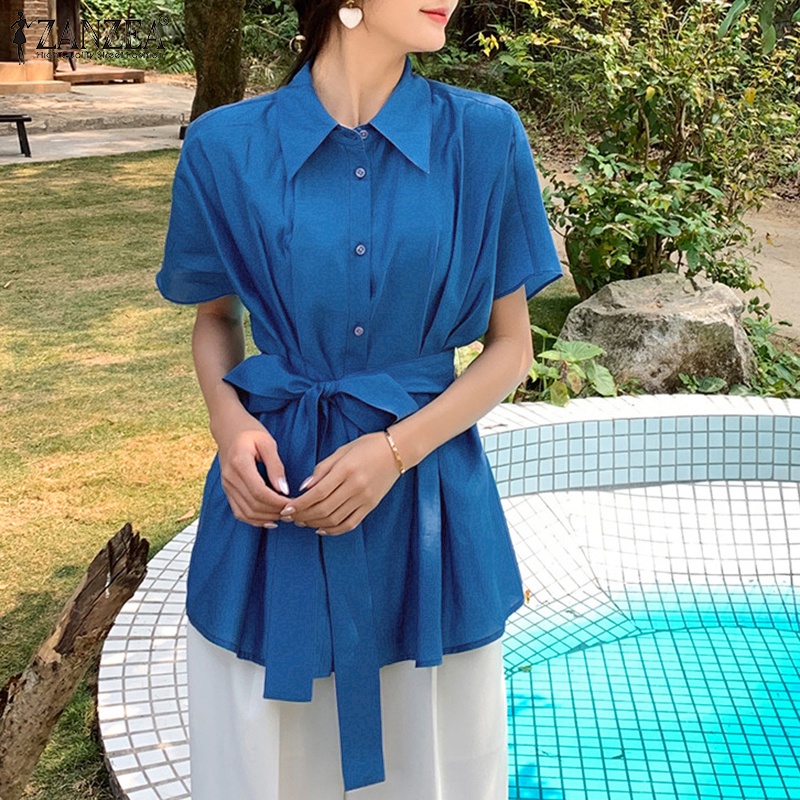 ZANZEA Áo Sơ Mi Ngắn Tay Xếp Ly Cổ Bẻ Thời Trang Hàn Quốc Cho Nữ