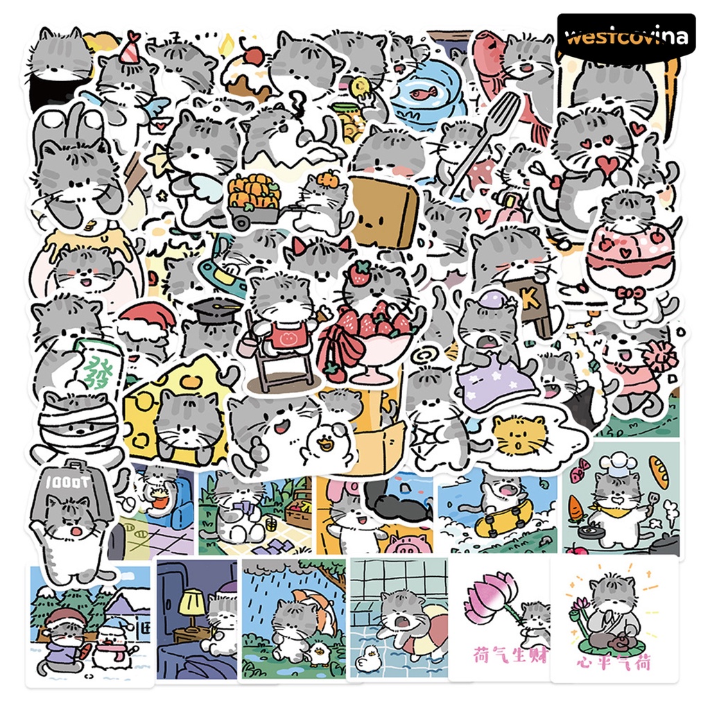 [WSTN]✎Bộ 60 Miếng Dán PVC Chống Thấm Nước Tự Dính Hình Mèo Hoạt Hình Dễ Thương Có Thể Tháo Gỡ Trang Trí Vali