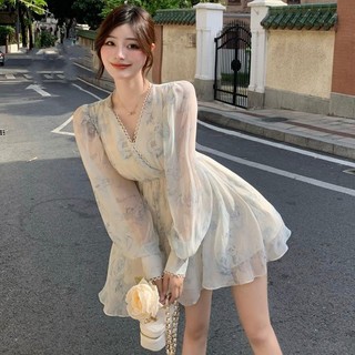 [YU]Váy Hoa Cổ Chữ V, Váy Mùa Hè, Váy Lụa Mỏng, Váy Ngắn, Dáng Người Nhỏ Nhắn, Tay Áo Dài, Váy Chữ A.