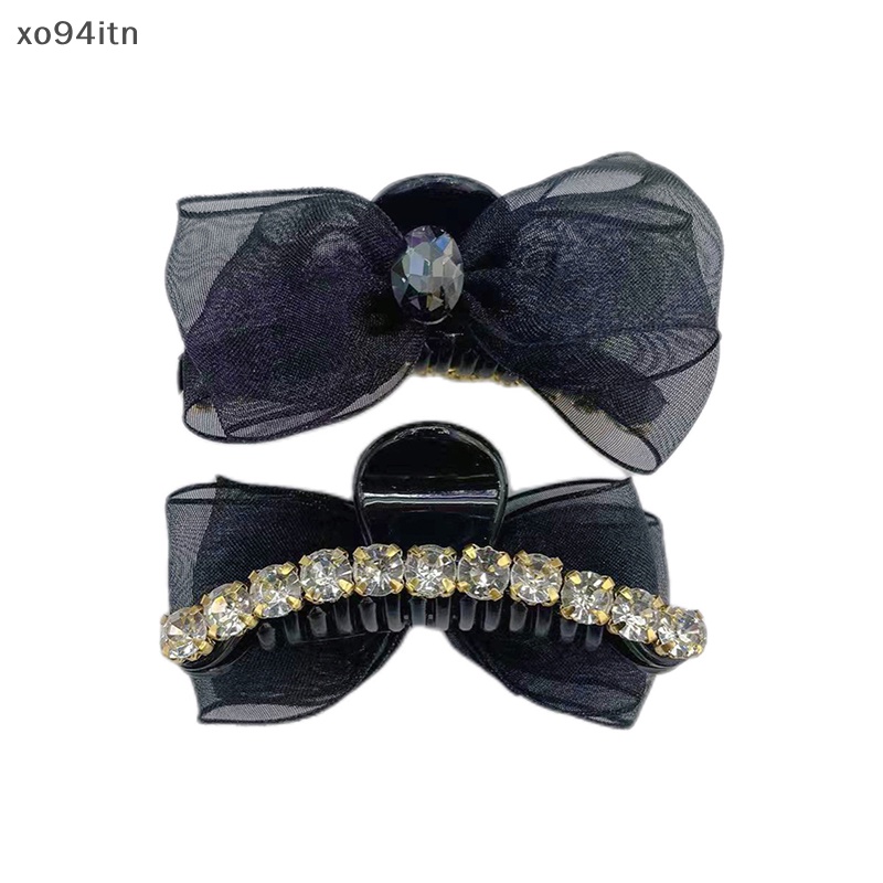 Kẹp Tóc Càng Cua Đính Đá Phối Nơ Tua Rua Màu Đen Phong Cách Retro