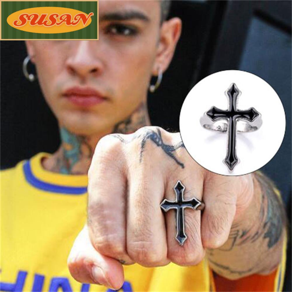 SUSANS Nhẫn Hình Thánh Giá Mạ Bạc Phong Cách Gothic Cổ Điển