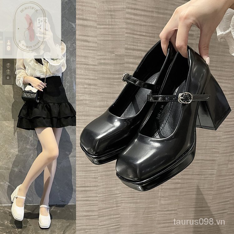 Giày Cao Gót 6-8cm Mũi Vuông Chất Liệu Cao Su PU Cao Cấp