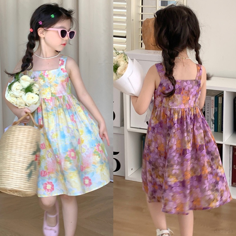 Đầm Hai Dây Mùa Hè In Họa Tiết Tranh Sơn Dầu Dễ Thương Phong Cách Hàn Quốc Cho Bé Gái