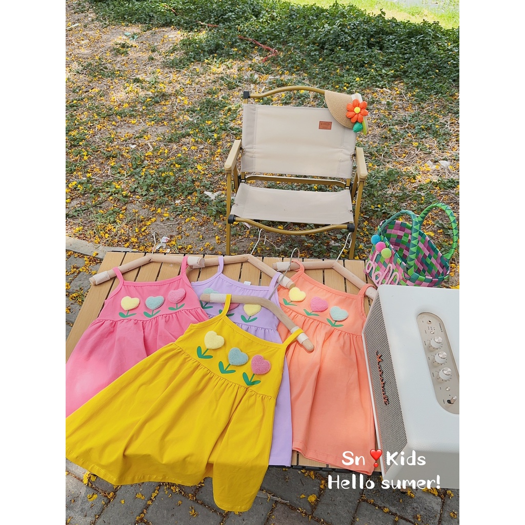 Váy cotton 2 dây đính tim nổi cực xinh cho bé gái - VCSN