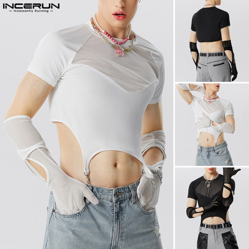 Incerun Áo Thun Ngắn Phối Lưới Thiết Kế Đường Cắt May Cổ Điển Cho Nam