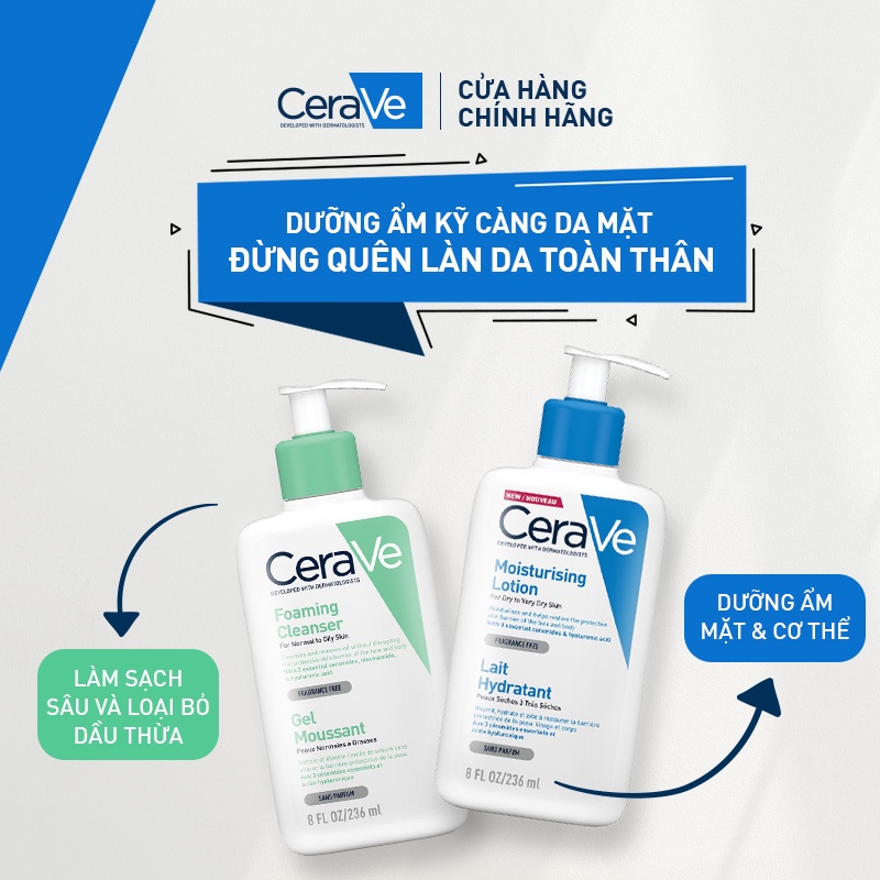 Bộ sản phẩm Cerave sữa dưỡng ẩm dành cho da khô (236ml) và sữa rửa mặt làm sạch sâu cho da dầu (20ml)