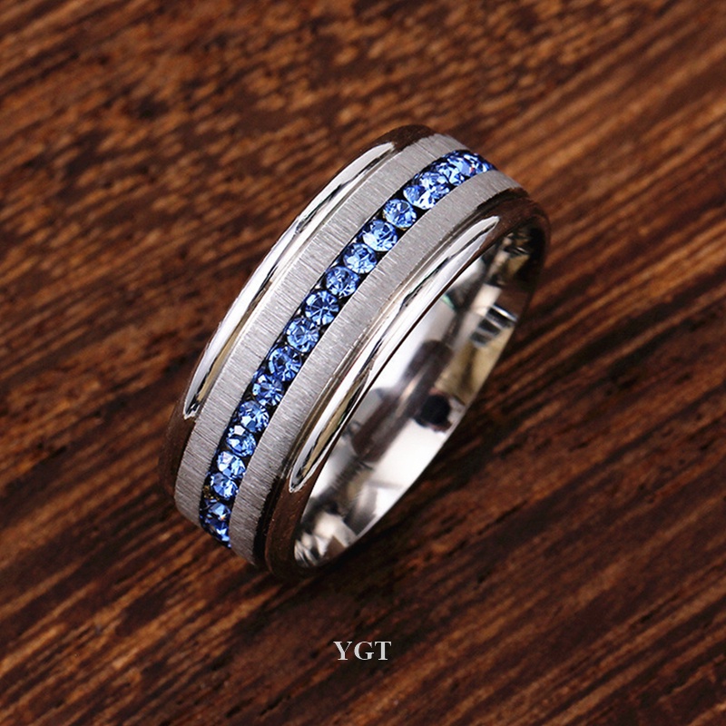 Nhẫn Thép Titan Không Gỉ 8mm Đính Đá Sapphire Thời Trang