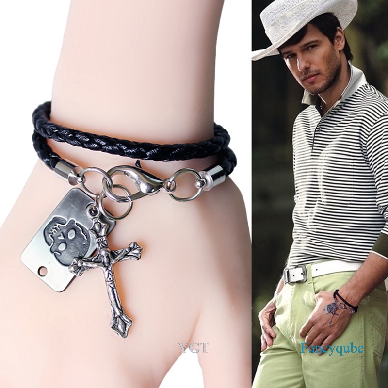 Ygt Vòng Tay Dây Da Bện Đính Mặt Đầu Lâu Ngôi Sao Phong Cách Punk Cá Tính