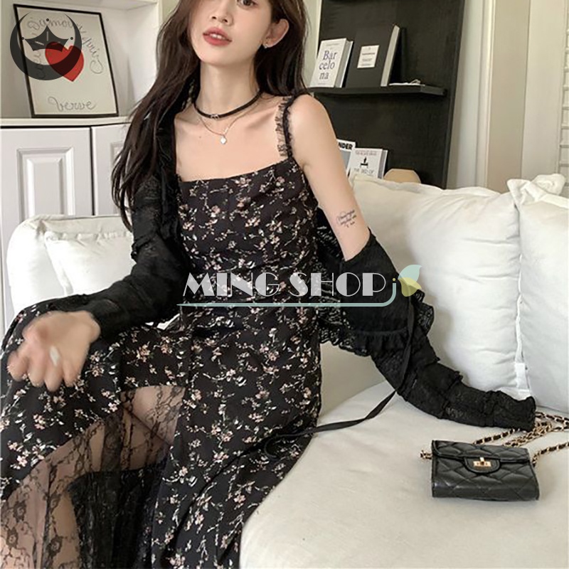 Đầm Voan Hoa Phối Ren Lưới Phong Cách Vintage Hàn Quốc