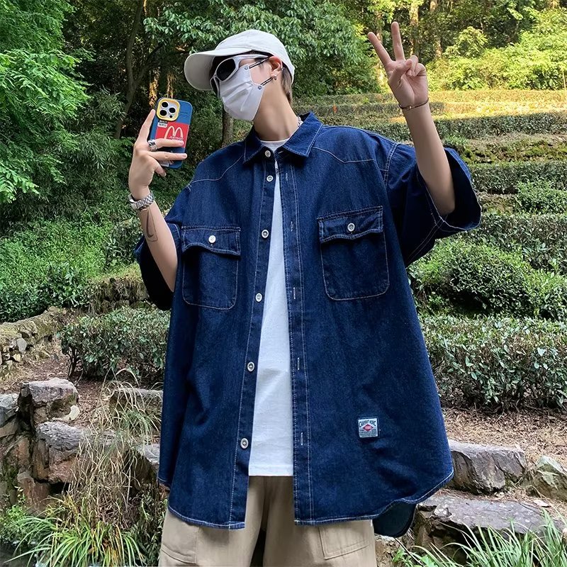 Áo Sơ Mi Denim Tay Ngắn Dáng Rộng Giả Nhiều Lớp Phong Cách Retro Nhật Bản Cho Nam Và Nữ